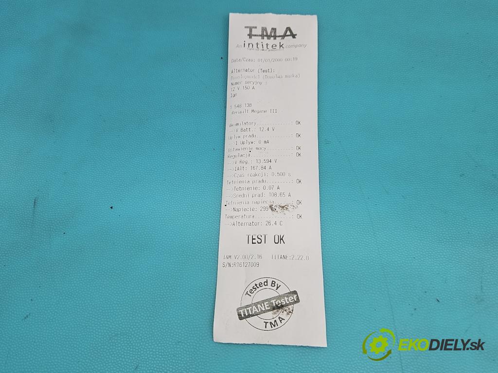 Renault Megane III 2008-2016 1.5 dci 106 HP manual 78 kW 1461 cm3 5- Alternator 231000026R (Alternátor)