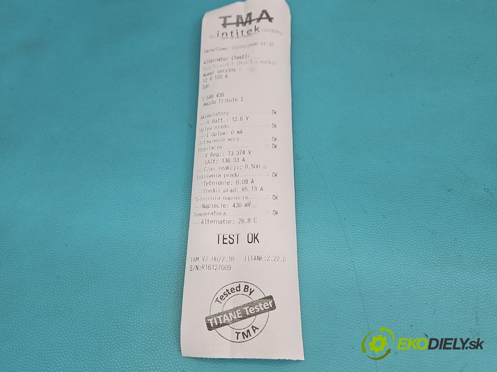 Mazda Tribute I 2000-2007 2.0 16V 124hp manual 91 kW 1989 cm3 5- Alternator  (Alternátor)