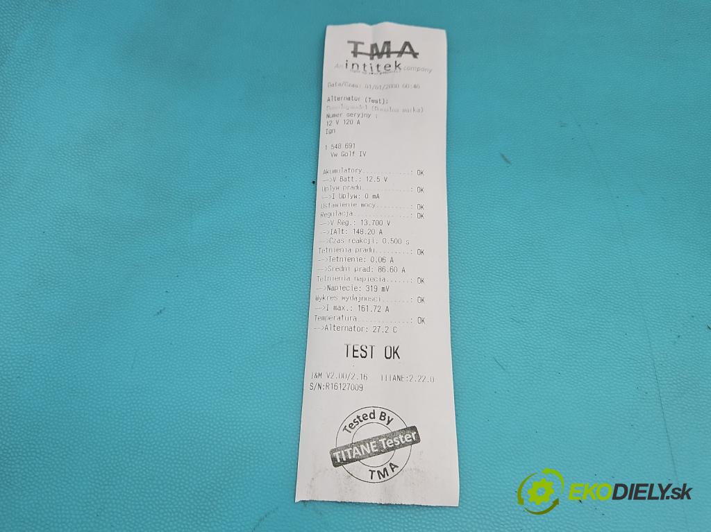 Vw Golf IV 1997-2003 1.9 tdi 101 HP manual 74 kW 1896 cm3 5- Alternator 038903024F (Alternátor)