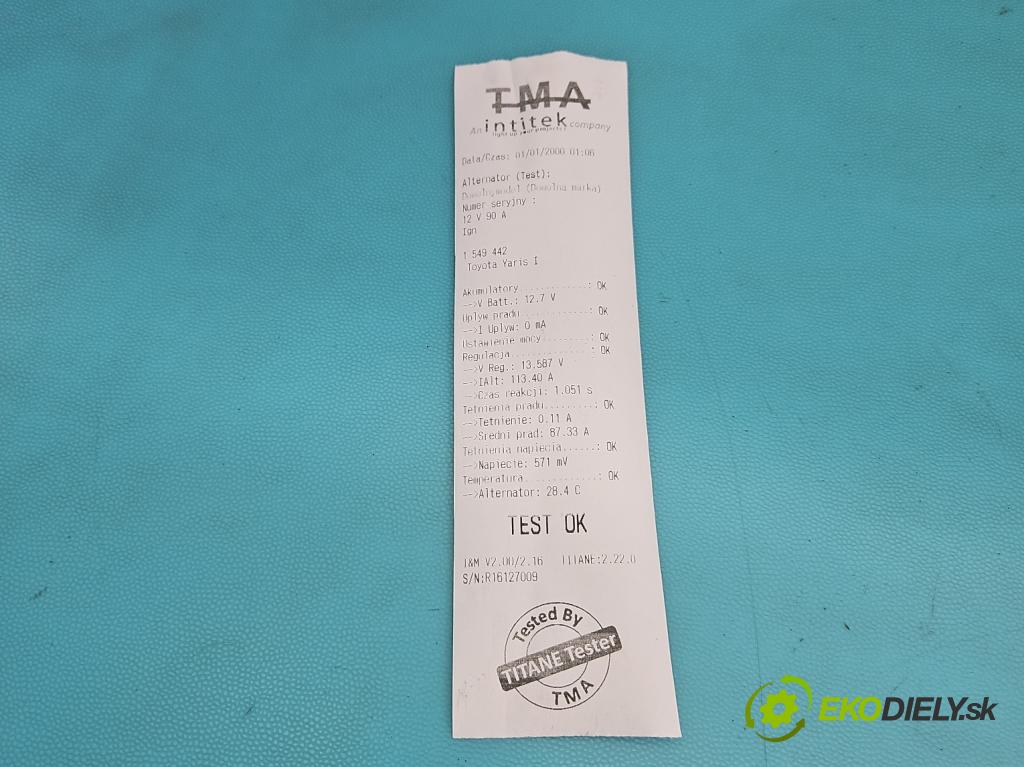 Toyota Yaris I 1999-2005 1.0 vvti 65 HP manual 48 kW 998 cm3 3- Alternator 27060-0J040 (Alternátor)