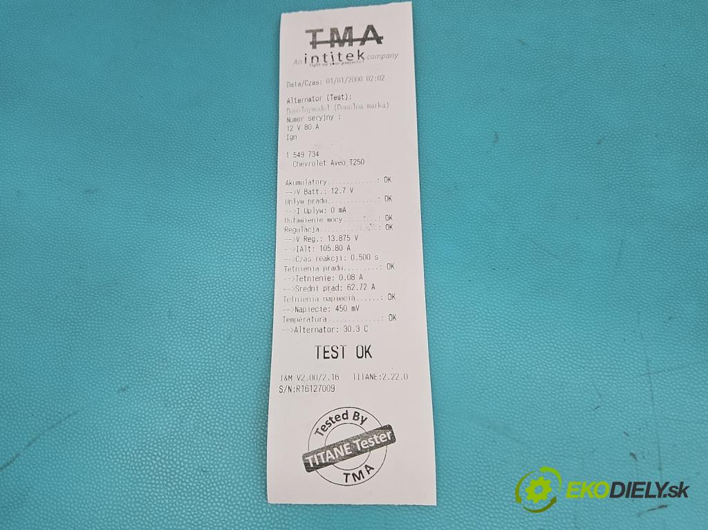 Chevrolet Aveo T250 2006-2011 1.2 16V 84KM manual 62 kW 1206 cm3 3- Alternator 96936136 (Alternátor)