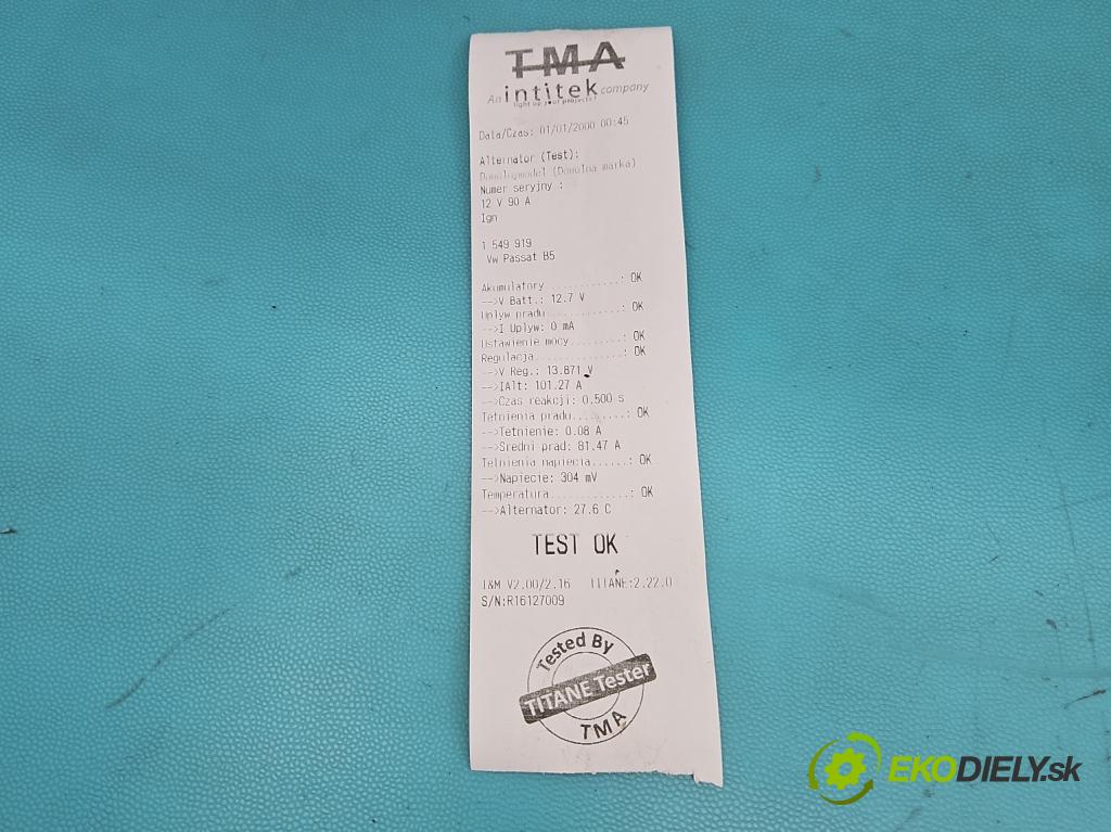 Vw Passat B5 1995-2005 1.8 T 150 HP manual 110 kW 1781 cm3 4- Alternator (Alternátor)