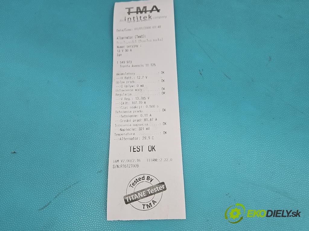 Toyota Avensis II T25 2003-2008 1.8 vvti 129 hp manual 95 kW 1794 cm3 5- Alternator 0124325079 (Alternátor)