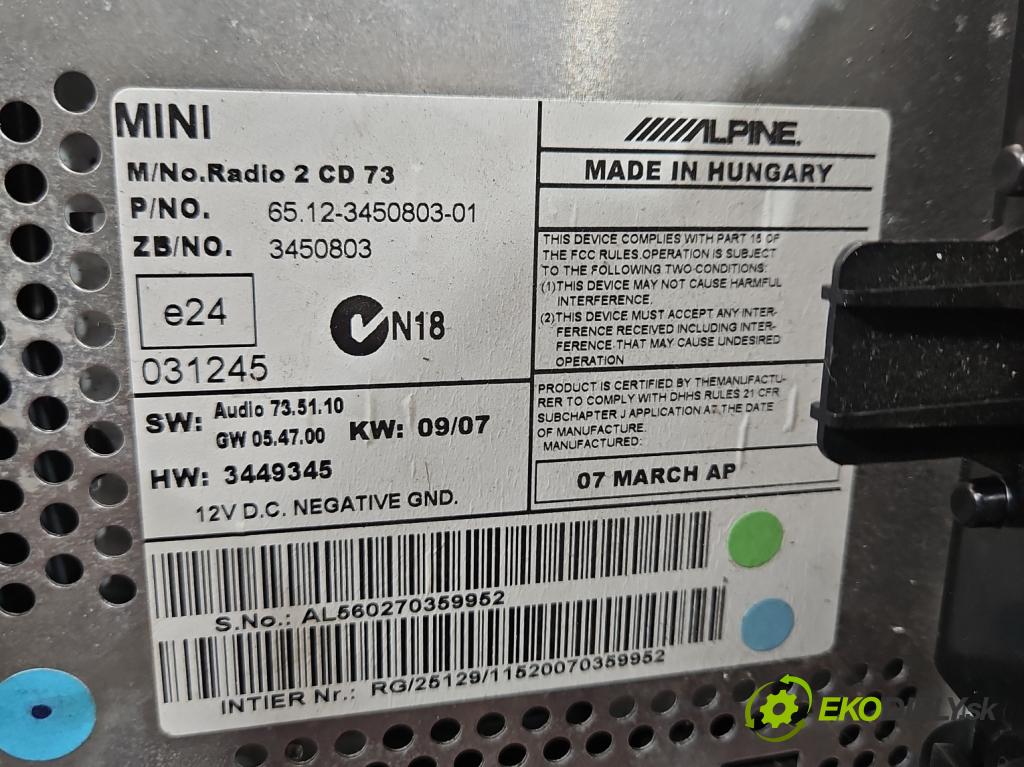 Mini One II 2006-2013 1.6 16V 120 HP manual 88 kW 1598 cm3 3- Radio originál 3449345