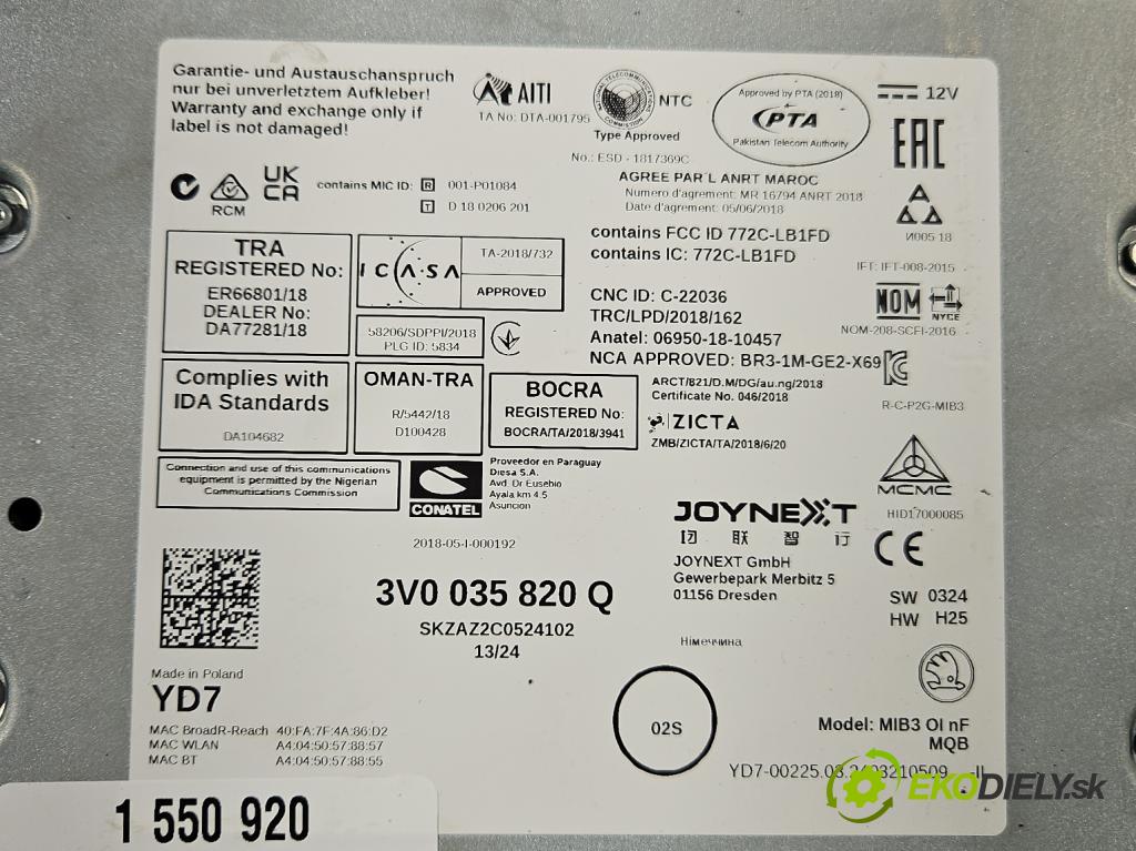 Skoda Superb III 2015-2024 2.0 tdi 150 hp automatic 110 kW 1968 cm3 5- Navigace: čtečka 3V0035820Q