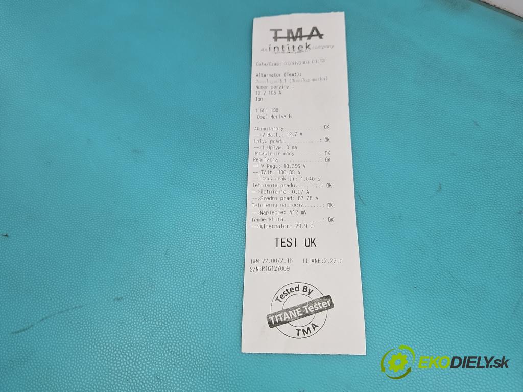 Opel Meriva B 2010-2017 1.3 cdti 75 HP manual 55 kW 1248 cm3 5- Alternator MS1012100961 (Alternátor)