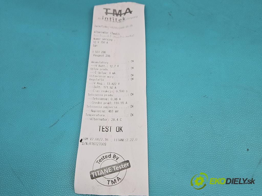 Peugeot 206 1.4 hdi 68 HP manual 50 kW 1398 cm3 5- Alternator 9646476280 (Alternátor)