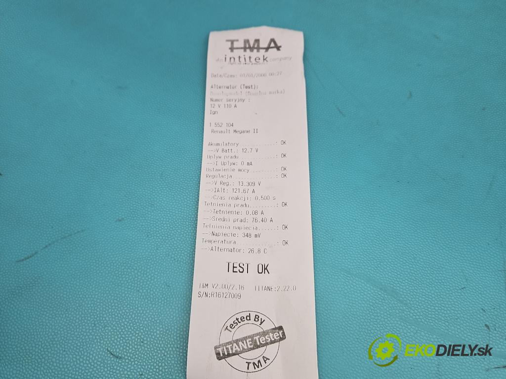 Renault Megane II 2003-2008 1.6 16V 113 HP manual 83 kW 1598 cm3 3- Alternator 8200100907 (Alternátor)