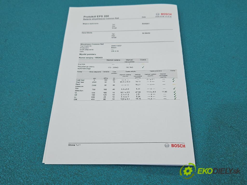 Audi A6 C6 2004-2011 3.0 tdi 232KM automatic 171 kW 2967 cm3 5- vstřikovač 0445115037 (Vstřikovač paliva)