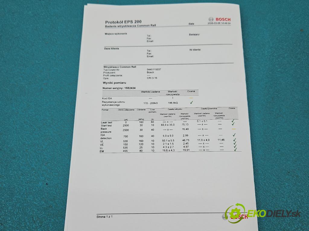Audi A6 C6 2004-2011 3.0 tdi 232KM automatic 171 kW 2967 cm3 5- vstřikovač 0445115037 (Vstřikovač paliva)