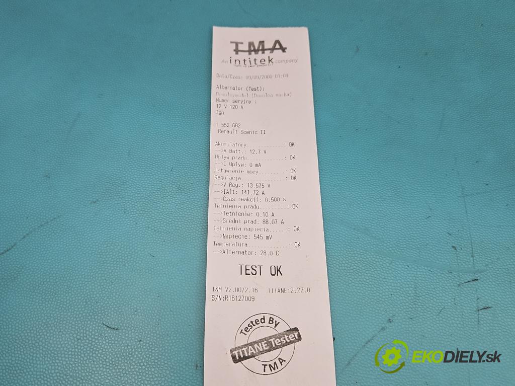 Renault Scenic II 2003-2009 1.6 16V 111KM manual 82 kW 1598 cm3 5- Alternator 8200588648 (Alternátor)