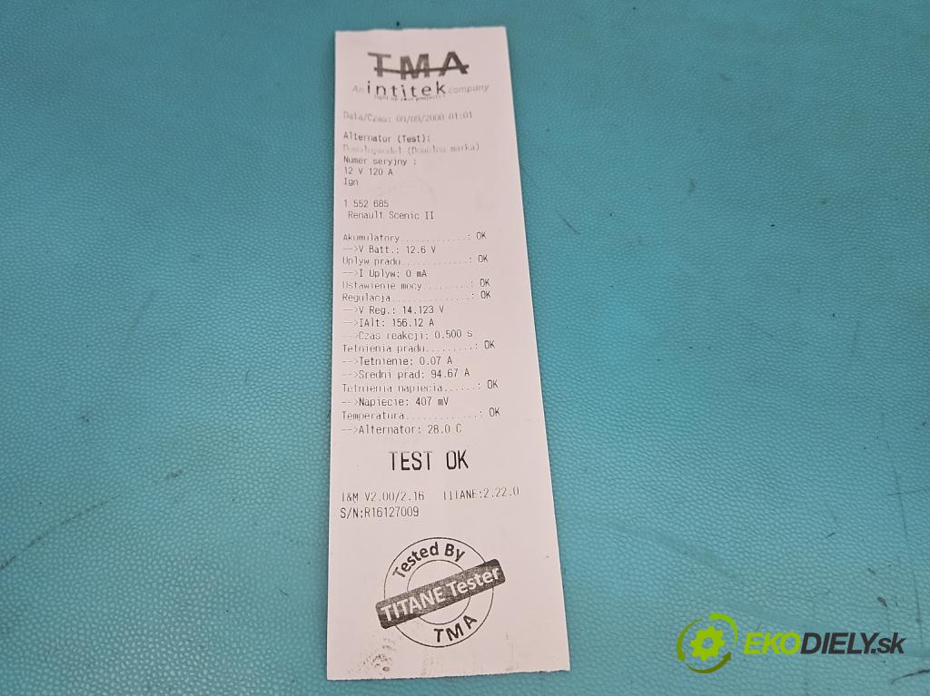 Renault Scenic II 2003-2009 1.9d 120 hp manual 88 kW 1870 cm3 5- Alternator S543385A (Alternátor)