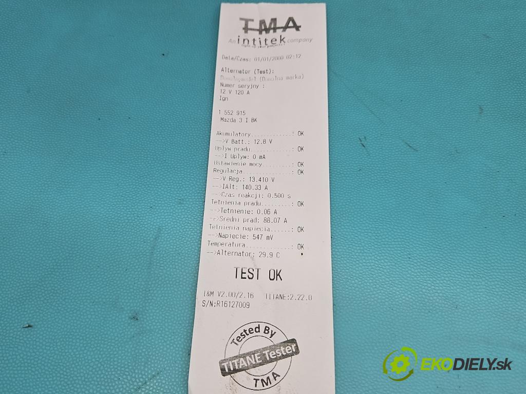 Mazda 3 I BK 2003-2009 1.6 citd 109 hp manual 80 kW 1560 cm3 4- Alternator  (Alternátor)