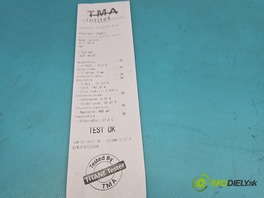 Audi A8 D2 1994-2002 3.7 V8 230 HP automatic 169 kW 3697 cm3 4- Alternator 0123510013 (Alternátor)