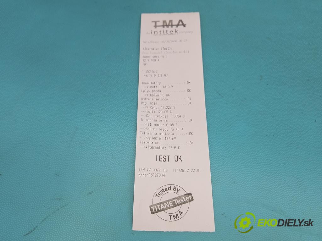 Mazda 6 III GJ 2012-2024 2.0 16V 145 HP automatic 107 kW 1998 cm3 5- Alternator A5TJ0591 (Alternátor)