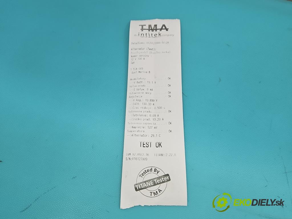 Opel Meriva B 2010-2017 1.4 16V 101 HP manual 74 kW 1398 cm3 5- Alternator 0124425085 (Alternátor)