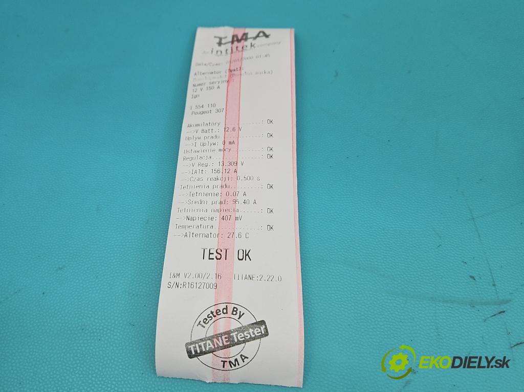 Peugeot 307 1.6 hdi 90 HP manual 66.2 kW 1560 cm3 5- Alternator 9646321880 (Alternátor)