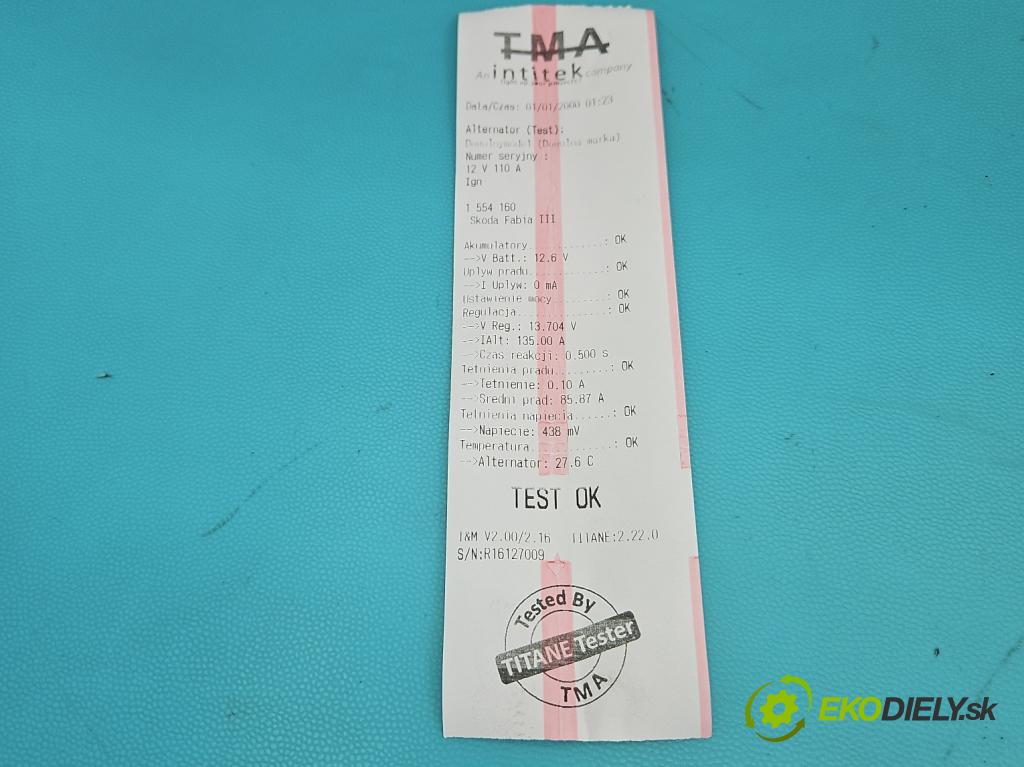 Skoda Fabia III 2014- 2021 1.0 TSI 95 HP manual 70 kW 999 cm3 5- Alternator 04E903015 (Alternátor)