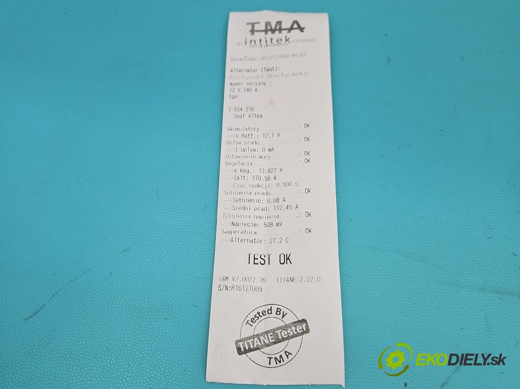 Seat Altea 1.6b 102 HP manual 75 kW 1595 cm3 5- Alternator 06F903023F (Alternátor)