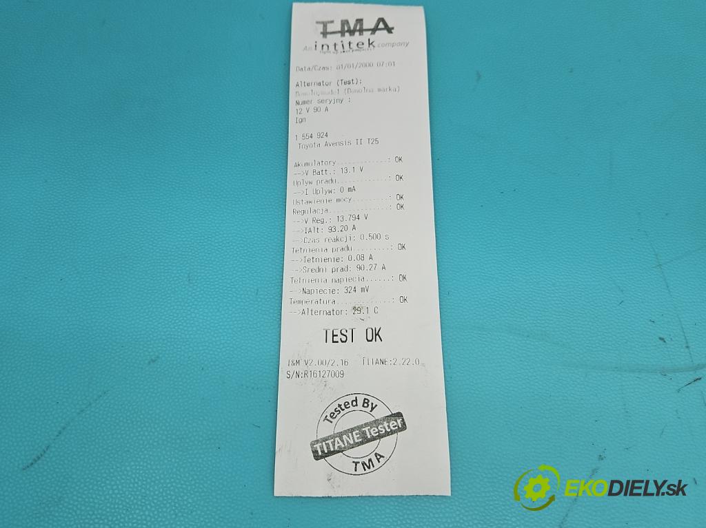 Toyota Avensis II T25 2003-2008 1.8 vvti 129 HP manual 95 kW 1794 cm3 4- Alternator 0124325079 (Alternátor)