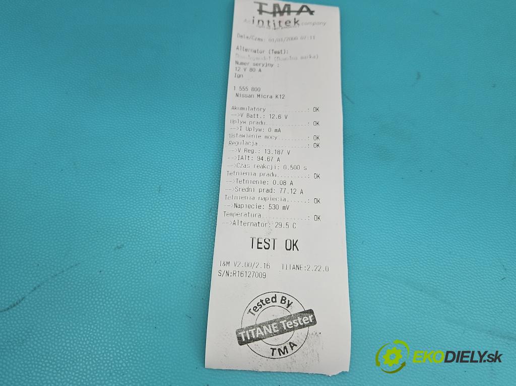 Nissan Micra K12 2003-2010 1.4 16V 88 HP manual 65 kW 1386 cm3 3- Alternator 23100-AX600 (Alternátor)