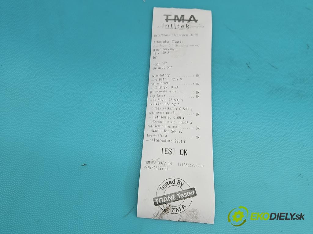 Peugeot 307 1.6 hdi 109 HP manual 80 kW 1560 cm3 5- Alternator 9646321780 (Alternátor)