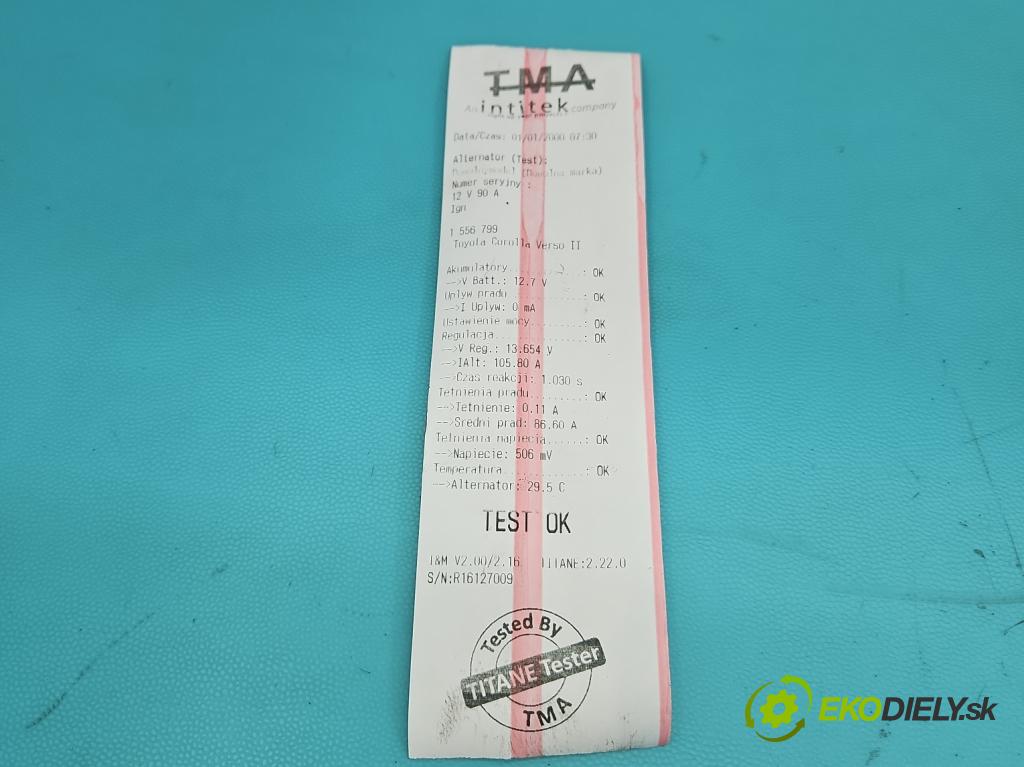 Toyota Corolla Verso II 2004-2009 1.8 vvti 129 HP manual 95 kW 1794 cm3 5- Alternator 27060-0D170 (Alternátor)