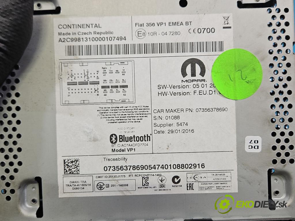 Fiat Tipo II 2015- 1.4 16V 95 HP manual 70 kW 1368 cm3 4- Radio originál 07356378690