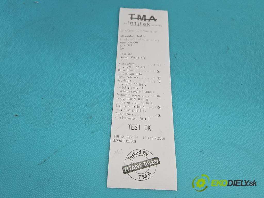 Nissan Almera N16 2000-2006 1.5 16V 90 HP manual 66 kW 1498 cm3 5- Alternator 23100BU010 (Alternátor)