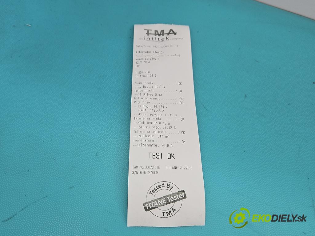 Citroen C1 I 2005-2014 1.0 12V 68 hp automatic 50 kW 998 cm3 5- Alternator 27060-0Q120 (Alternátor)