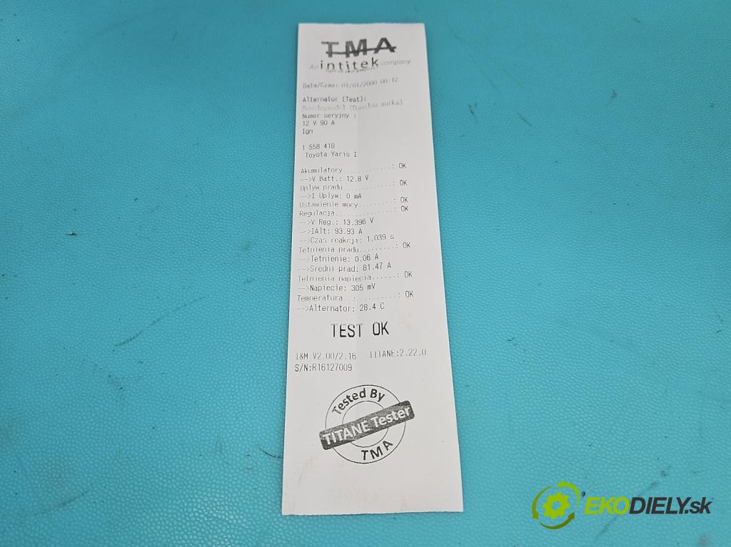 Toyota Yaris I 1999-2005 1.0 vvti 68 HP manual 50 kW 998 cm3 5- Alternator  (Alternátor)