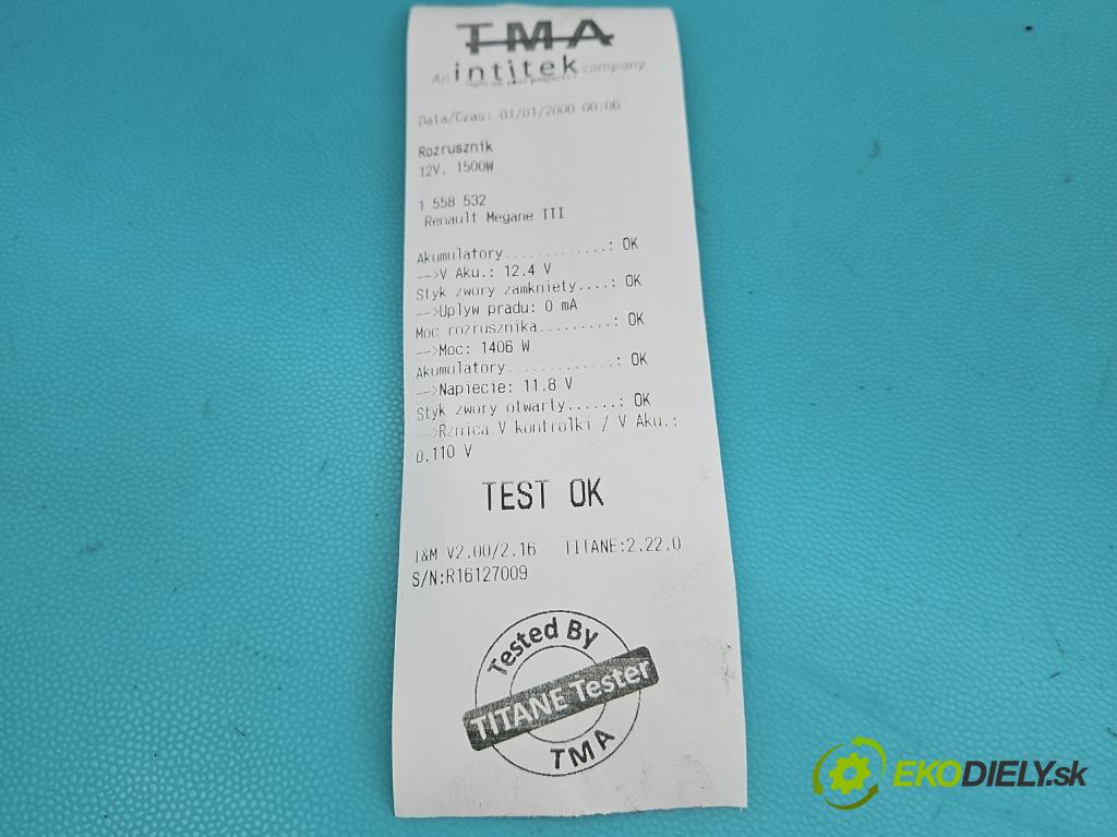 Renault Megane III 2008-2016 1.5 dci 86 HP manual 63 kW 1461 cm3 5- štartér 8200584675B (Štartér)