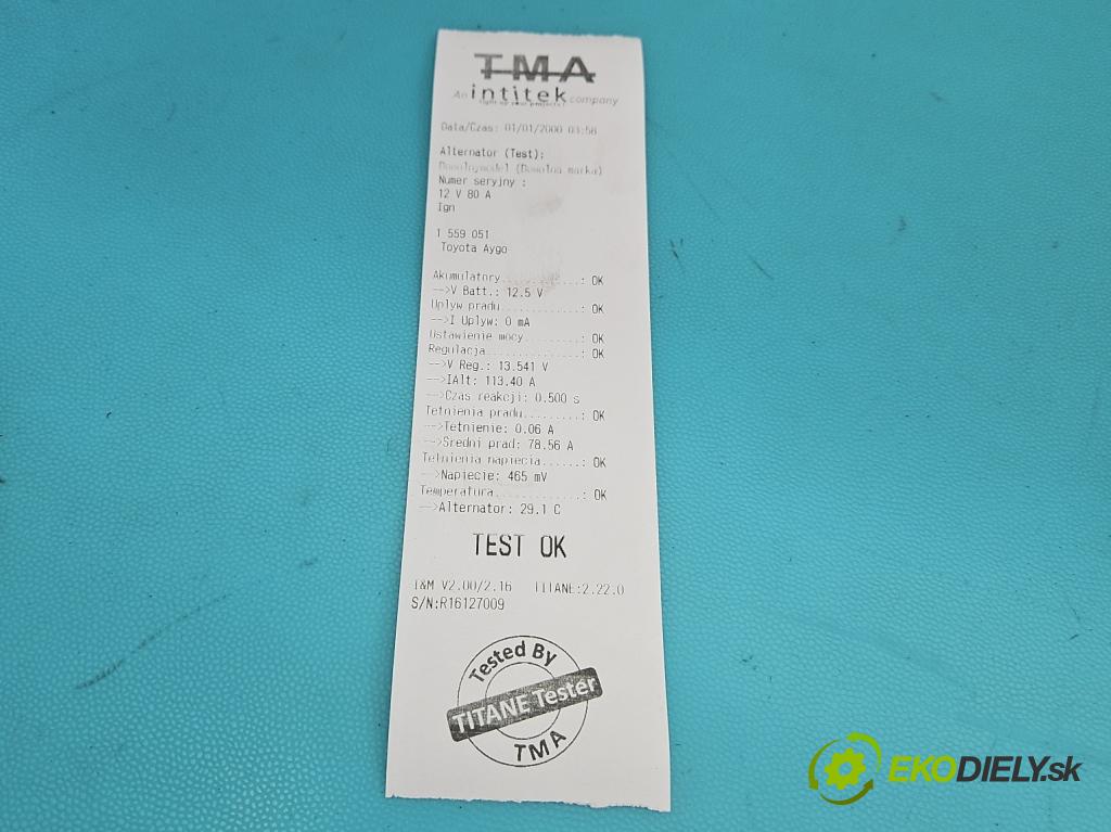 Toyota Aygo 2005-2014 1.0 12V 68 HP manual 50 kW 998 cm3 5- Alternator 27060-0Q130 (Alternátor)