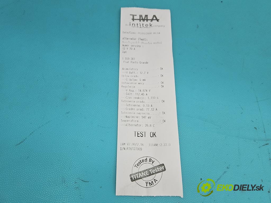 Fiat Punto Grande 1.4 8V 77 hp manual 57 kW 1368 cm3 5- Alternator A4127PR (Alternátor)