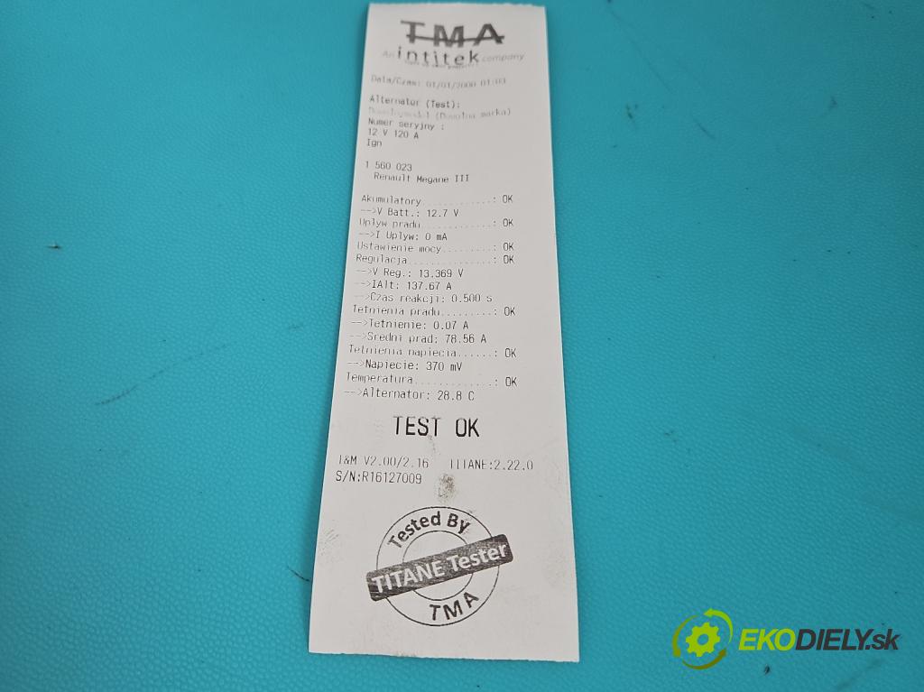 Renault Megane III 2008-2016 1.6 16V 110 HP manual 81 kW 1598 cm3 5- Alternator 0124425425070 (Alternátor)