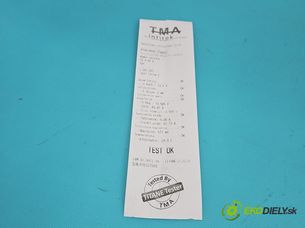 Opel Corsa C 2000-2006 1.3 cdti 69KM manual 51 kW 1248 cm3 3- Alternator 2606334A (Alternátor)