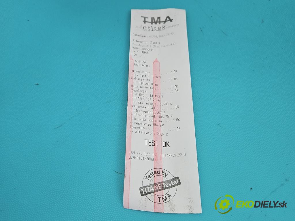 Audi A4 B8 2007-2015 2.0 tdi 143 HP manual 105 kW 1968 cm3 5- Alternator 03G903016E (Alternátor)