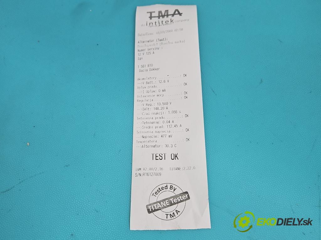 Dacia Dokker 2012- 1.6 16V 102 hp manual 75 kW 1598 cm3 5- Alternator 231001568R (Alternátor)