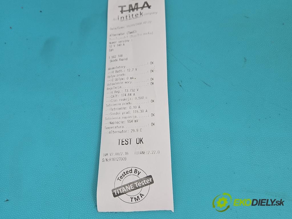 Skoda Rapid 2012-2019 1.2 TSI CBZA 86 hp manual 63 kW 1197 cm3 5- Alternator 03F903023D (Alternátor)