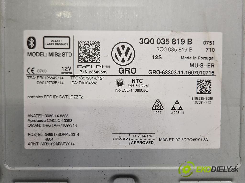 Vw Golf VII 2012-2020 1.2 TSI 86 HP manual 63 kW 1197 cm3 5- Navigácia: čítačka 3Q0035819B