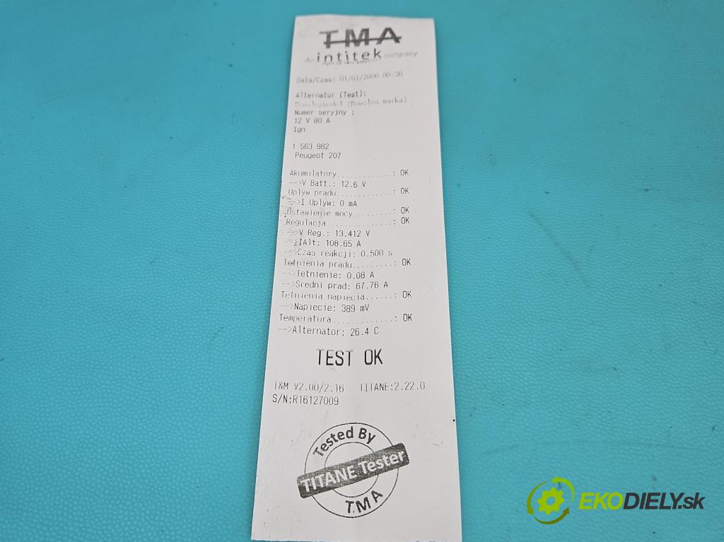 Peugeot 207 1.4 8V 73 HP manual 54 kW 1360 cm3 5- Alternator 9666030280 (Alternátor)