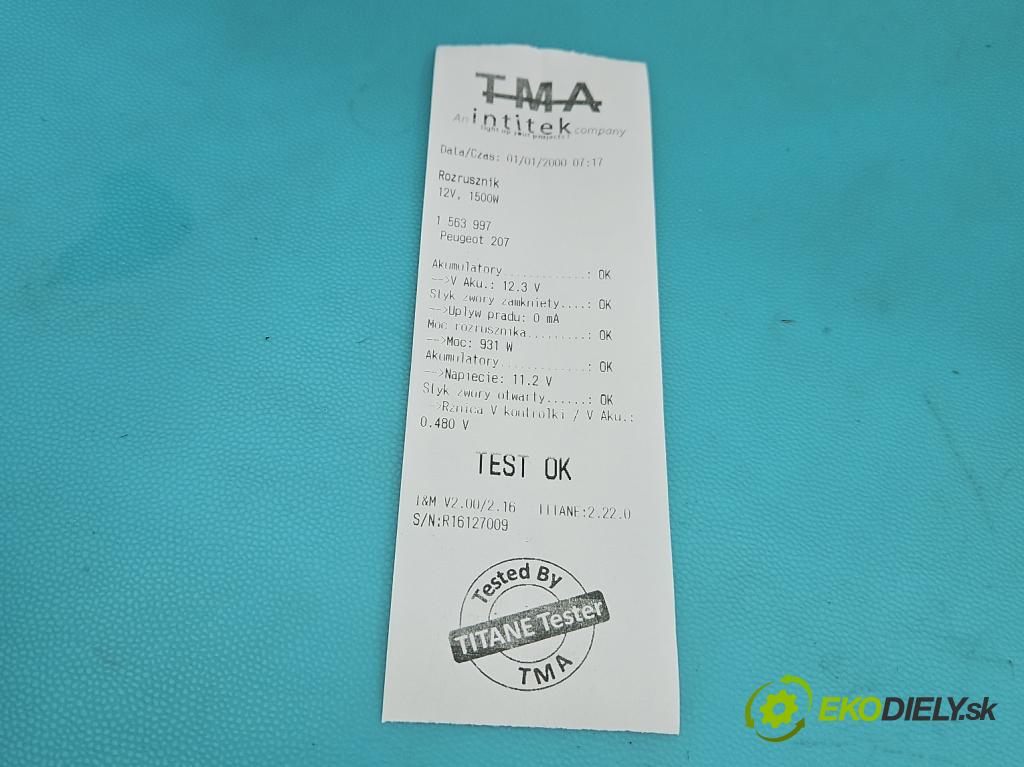 Peugeot 207 1.4 8V 73 HP manual 54 kW 1360 cm3 5- štartér TS8E2 (Štartér)