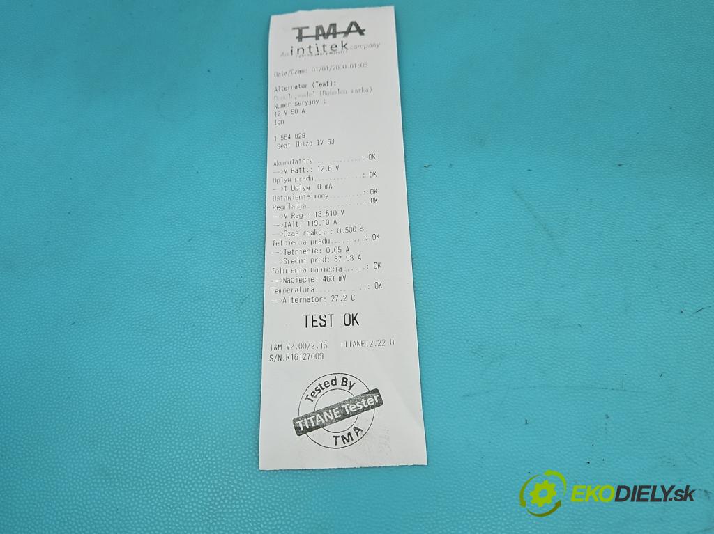 Seat Ibiza IV 6J 2008-2017 1.2 12V 69KM manual 51 kW 1198 cm3 3- Alternator 03D903025J (Alternátor)