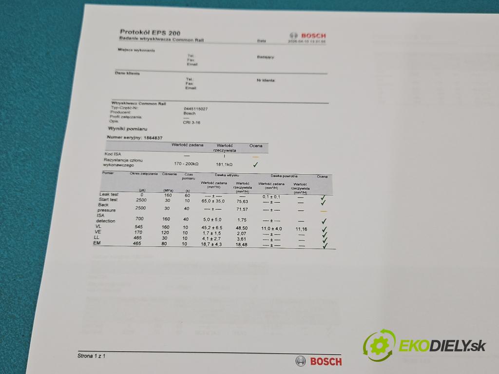 Mercedes ML W164 2005-2011 3.0 CDI V6 224hp automatic 165 kW 2987 cm3 5- vstrek 0445115027 (Vstrekovač paliva)