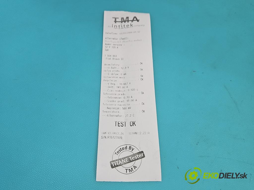 Fiat Bravo II 2007-2014 1.4 T 120 hp manual 88 kW 1368 cm3 5- Alternator 51854903 (Alternátor)