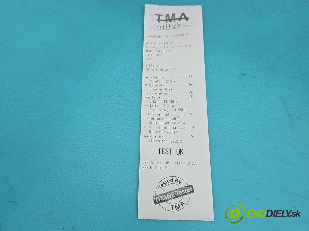 Renault Megane III 2008-2016 1.9 dci 131 hp manual 96 kW 1870 cm3 5- Alternator 8200757870A (Alternátor)