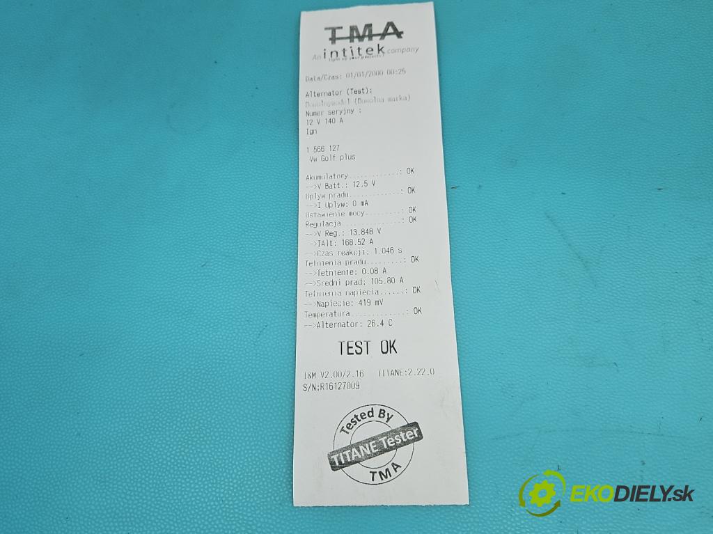 Vw Golf plus 1.9 tdi 105 HP manual 77 kW 1896 cm3 5- Alternator 06F903023C (Alternátor)