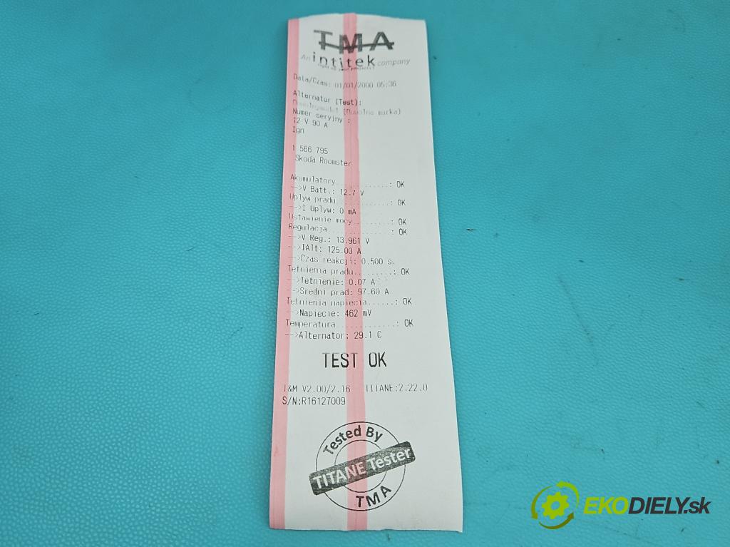 Skoda Roomster 1.4 16V 86 HP manual 63 kW 1390 cm3 5- Alternator 037903025M (Alternátor)