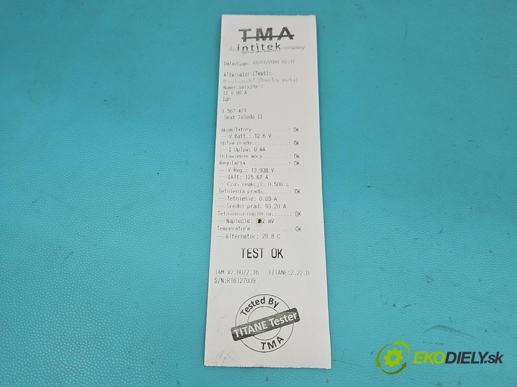 Seat Toledo II 1998-2004 1.6 16V 105 hp manual 77 kW 1598 cm3 4- Alternator 0986041500 (Alternátor)