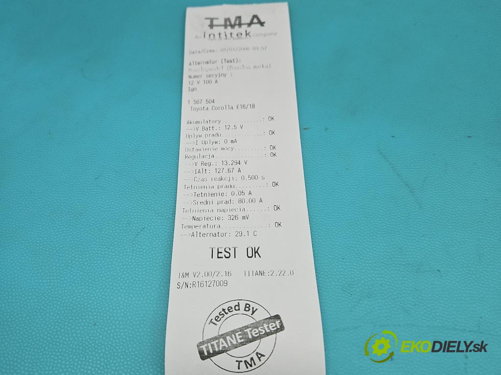 Toyota Corolla E16/E18  2013-2019 1.6 16V 132 hp manual 97 kW 1598 cm3 4- Alternator 27060-0T360 (Alternátor)